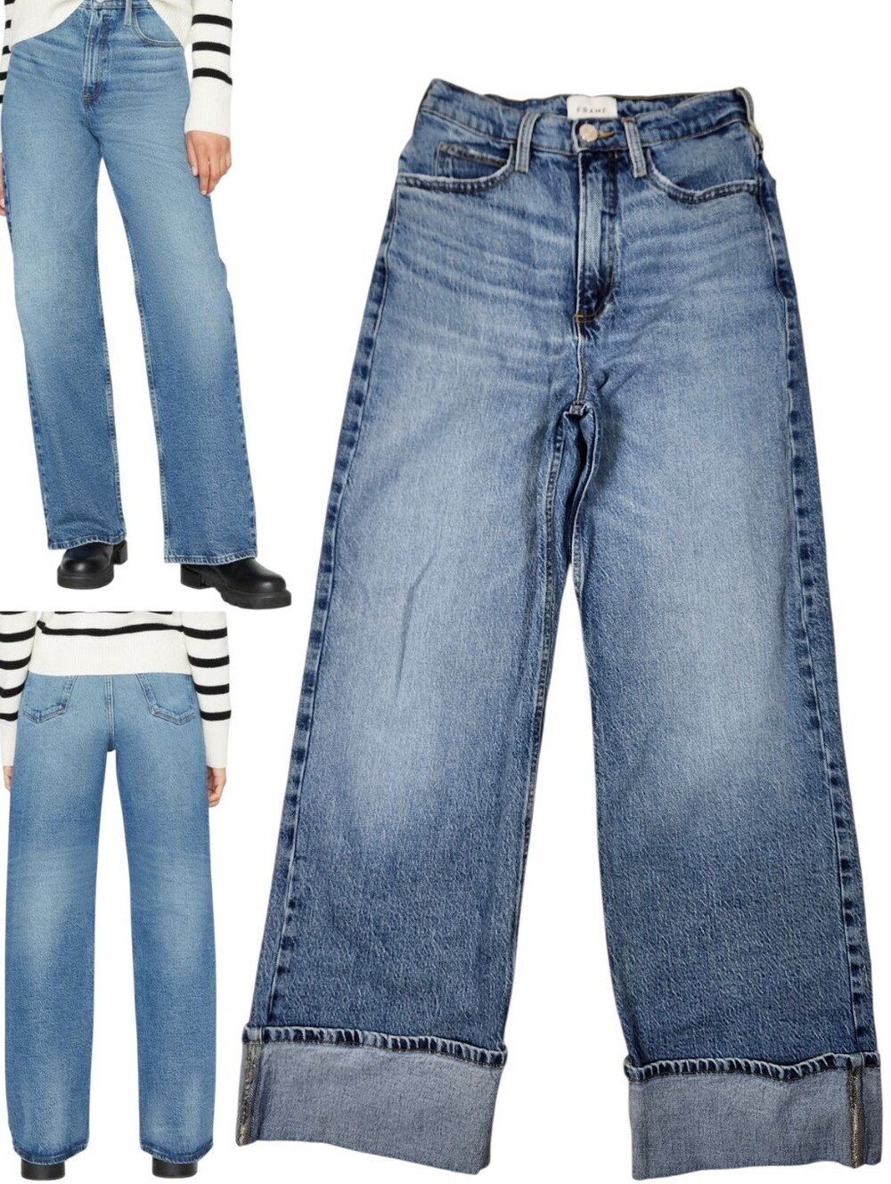 FRAME Womens High N Tight Wide Leg Lomina Blue DIY Cuffed Stretch Jeans Size 25